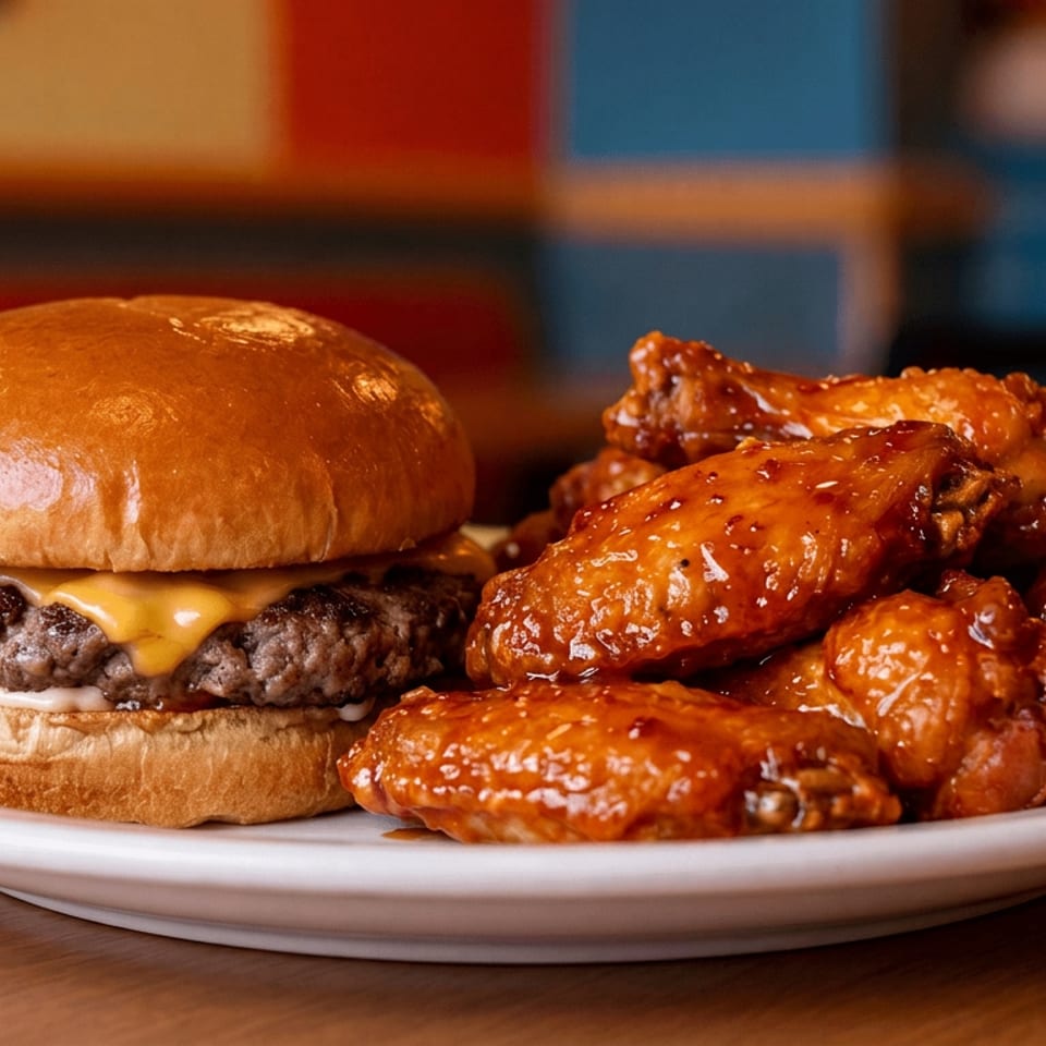 Cheeseburger with a glossy bun and melted cheese served alongside a pile of saucy chicken wings on a white plate.