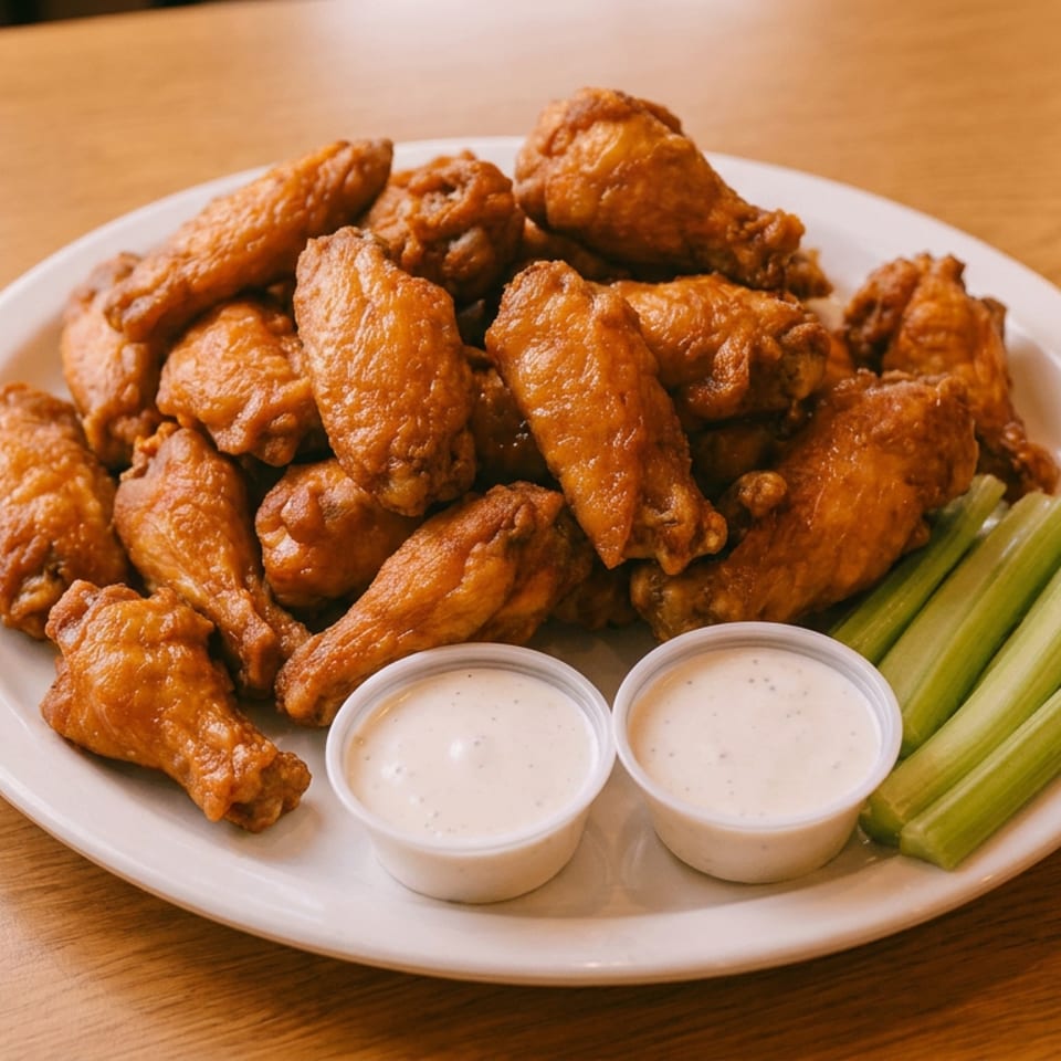 Plate of crispy buffalo chicken wings served with celery sticks and two cups of creamy dipping sauce on a wooden table.