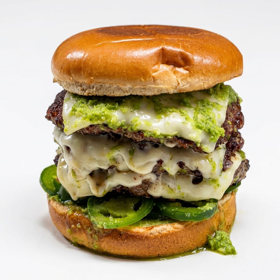 Double cheeseburger with melted cheese, green sauce, jalapeños, lettuce, and a glossy toasted bun on a white background.