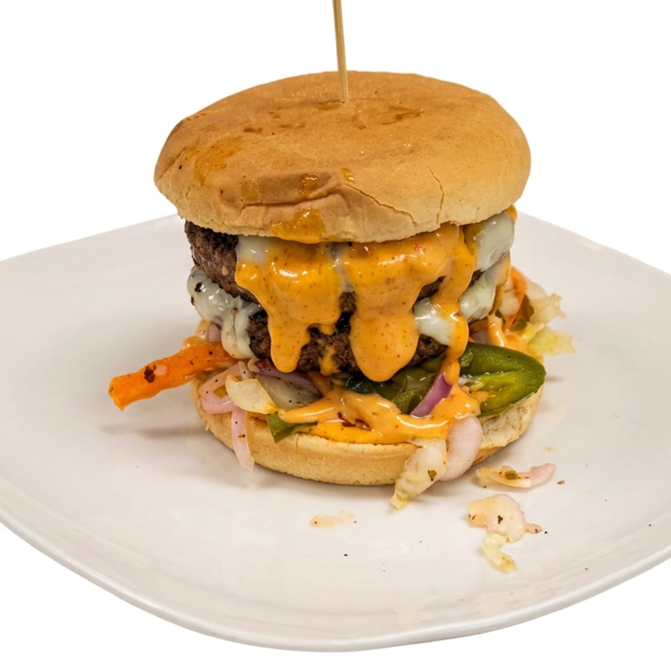 Loaded cheeseburger with double beef patties, melted cheese, orange sauce, vegetables, and a skewer on a white plate.