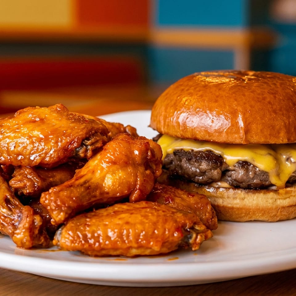 Cheeseburger with a glossy brioche bun and barbecue chicken wings served on a white plate.