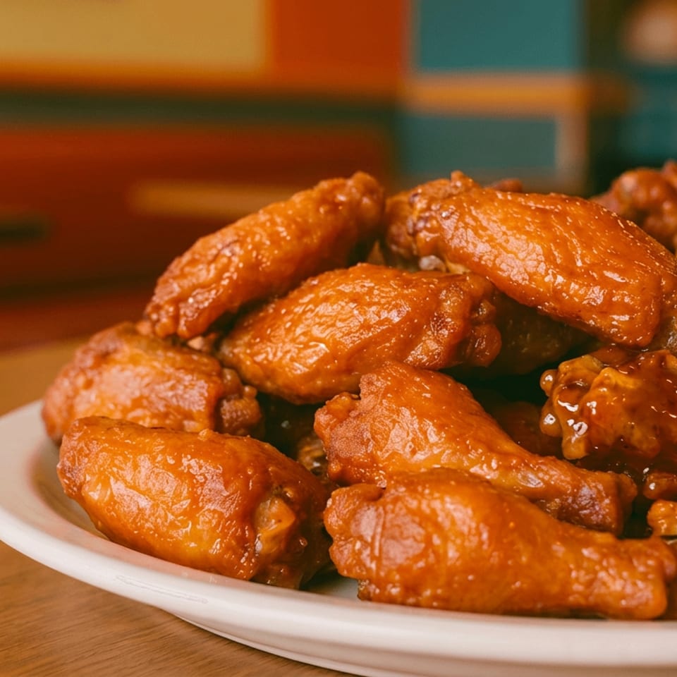 Plate piled high with glossy, saucy chicken wings on a wooden table in a warmly lit restaurant.