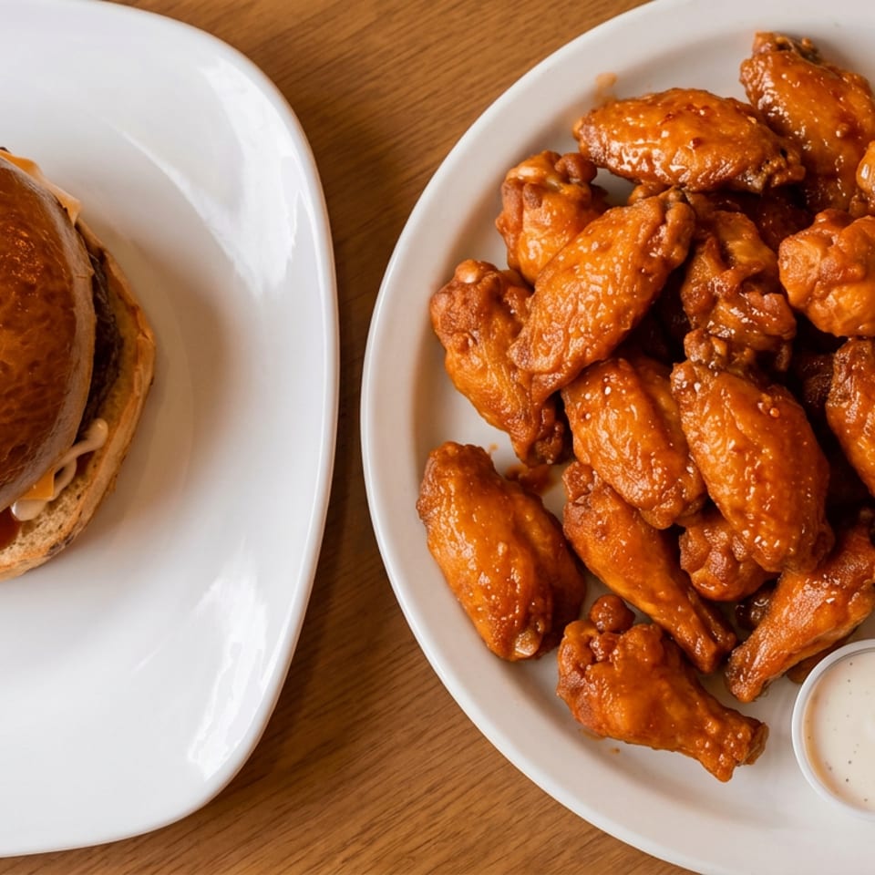 Burger on a white plate beside a platter of sauced chicken wings, celery sticks, and dipping sauces.