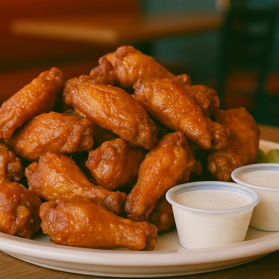 Pile of saucy chicken wings served with two cups of dipping sauce and celery sticks on a plate.