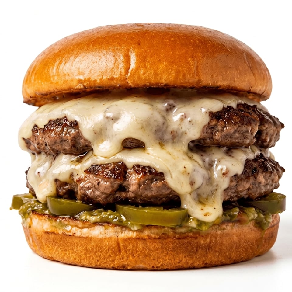 Double cheeseburger with melted cheese, two beef patties, and sliced green peppers on a toasted brioche bun.