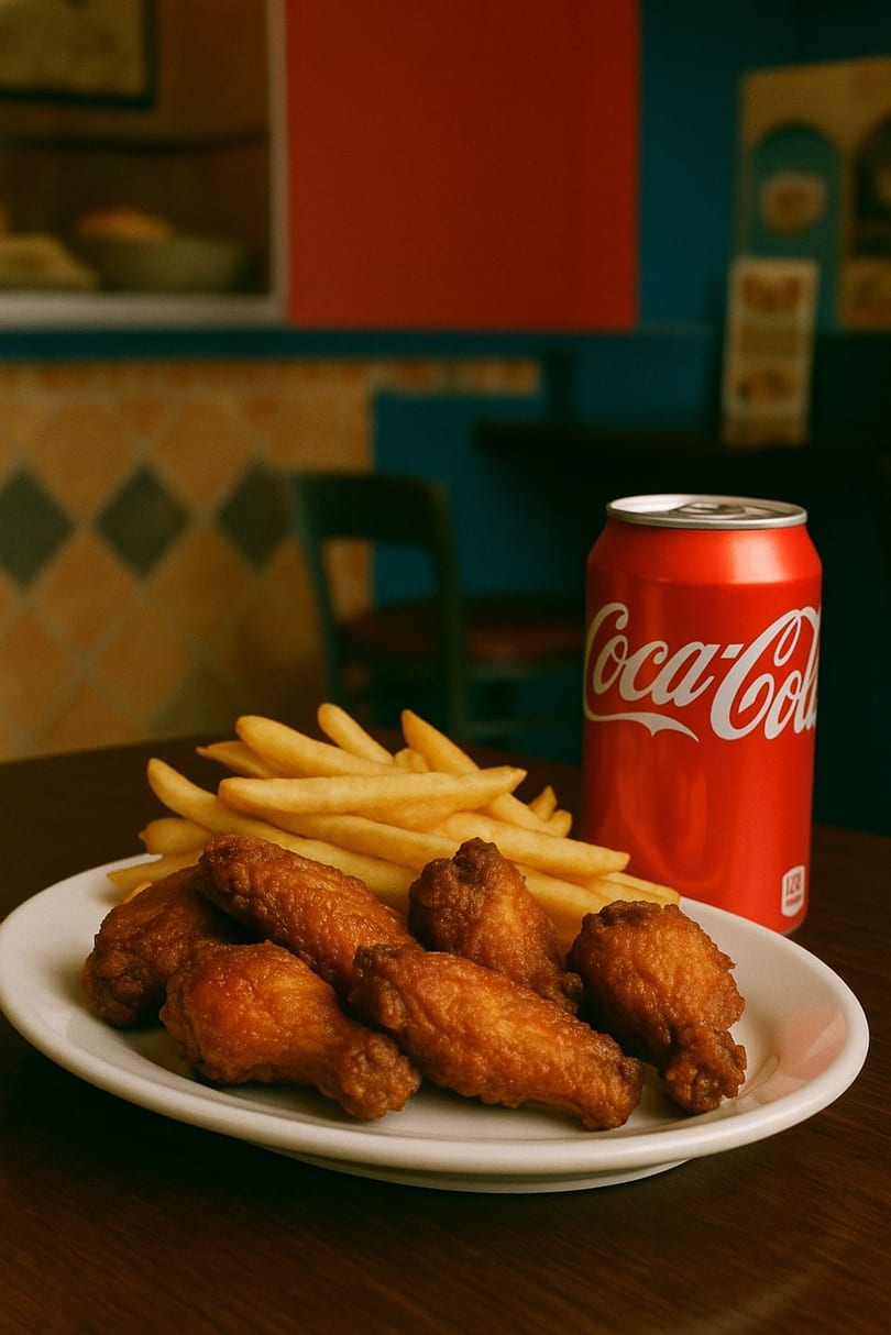 Crispy fried chicken wings and golden french fries on a white plate with a Coca-Cola can.